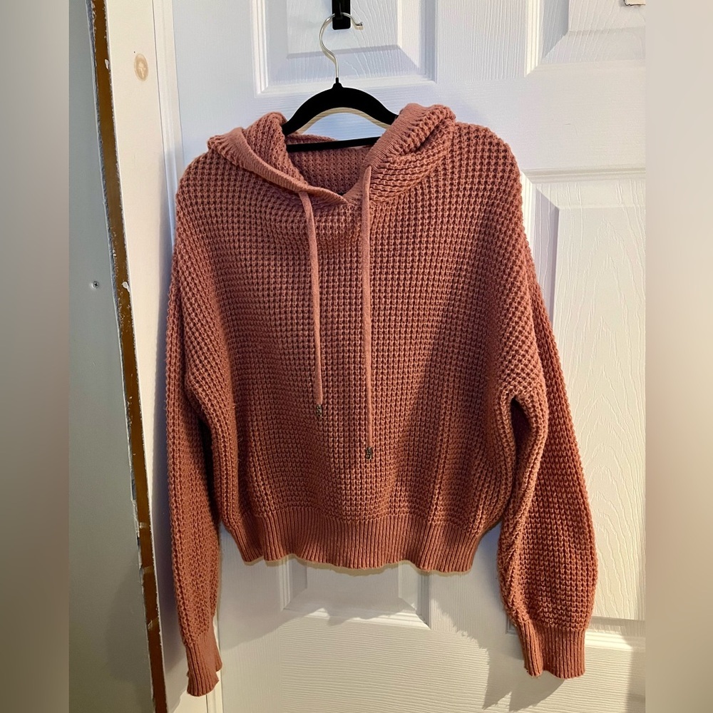 Dusty Rose Waffle Knit Hoodie | Cozy Slouchy Sweater